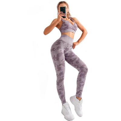 China 2021 Logo New Gym Women Breathable Custom Bra Set Joggers Yoga Gaiters Set Camouflage Seamless Hollow Out High Waist Sports Suits Two Piece Set for sale