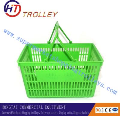 China Customized Green Hand Held Plastic Shopping Basket With Flat Double Handle 25L for sale