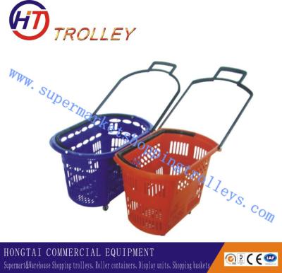 China Durable Red Plastic Four Wheeled Shopping Basket With Custom Logo 48L for sale