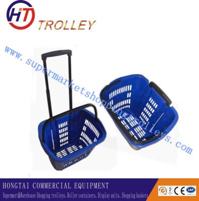 China Small Elegant Blue Plastic Shopping Basket With Two Wheels For Super Market / Shop for sale