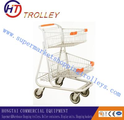 China Double Layer Metal Basket Shopping Trolley Supermarket Four Wheeled Cart for sale