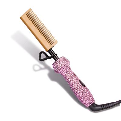 China Flat Commercial Universal Straight Iron Electric Roll Pink Bling Irons Colored Hot Comb Crystal Pink Rhinestone Hot Comb Mini Electric for sale