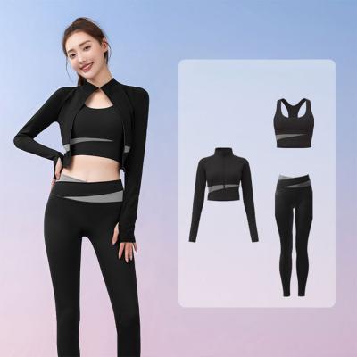 China HQSLP 2022 Women's Custom Color Sportswear 3 Piece Yoga Suit Breathable Ribbed Zipper Jogging Seamless Sportswear Fitness Workout Wear for sale