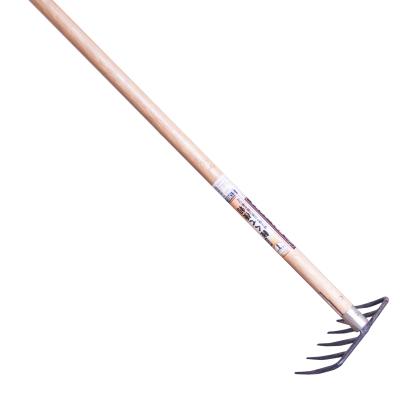 China Garden Rake Chinese Made Wood Handle Carbon Steel Sudden Fire Garden Hoe Cultivator Hand Rake for sale