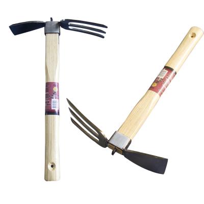 China AGRICULTURE GARDEN promotion handle hand wheel stainless steel three teeth DIGGER main hoe two multi-function wooden for sale