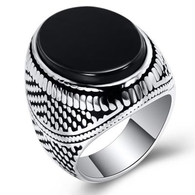 China TRENDY European and American fashion alloy inlaid with black gem men's ring 304titanium jewelry steel index soft ring retro for sale