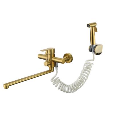 China Modern Can Turn Wall Mounted Stainless Brushed Gold Pull Down Kitchen Faucet With Sprayer for sale