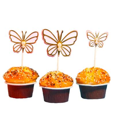 China Cake Decorating Ins Multi Layers Imitation Pearl Beaded Paper Cupcake Topper Birthday Wedding Cake Decoration Butterfly for sale