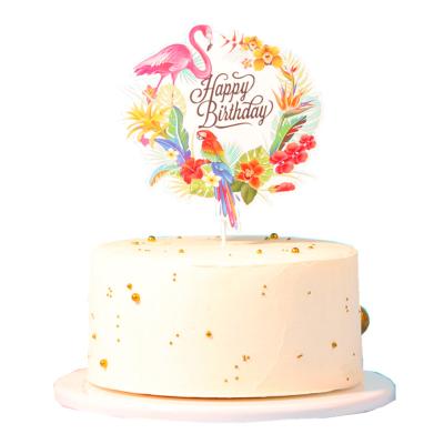 China Hawaiian Cake Topper Party Baking Supplies Hot Sale English-Spanish Summer Theme Flower Flamingo Paper Cake Decoration for sale