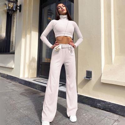 China New Ladies Fashion Temperament Wide-Leg Sweater Women's Two-Piece Pants Ribbed Long Sleeve QUICK-DRY Pants for sale