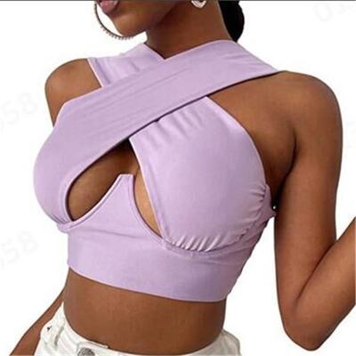 China Hot Selling Cavity V-Neck Tops Tank Antibacterial Hot Deep Hole Tops Sexy Cross Backless Women's Simple Solid Crop Tops for sale