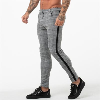 China Viable Men's Dress Pants Front Skinny Suit Twill Pants Plaid Slim Fit Gray Check Stretch Flat Pants for sale