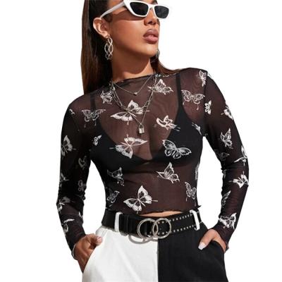 China Women Summer Anti-pilling Sheer Long Sleeve Lettuce Edge Galaxy Mesh Butterfly See Crop T-Shirt Top for sale