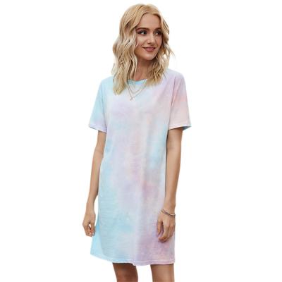 China Women's Round Scoop Neck Cotton Tie Breathable Dye Printed Comfortable Lounge Dress Long Nightgown Sleep Home Dress for sale