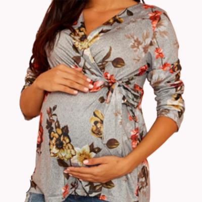 China Antibacterial Maternity Maternity Cross Wrap Long Sleeve Floral Print Clothes Nursing Tops Casual Shirts For Breastfeeding for sale