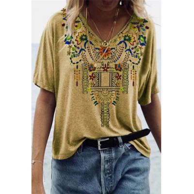 China Anti Pilling Women Fashion Plus Size Bohemian Than Flower Print V Neckline Boho Short Sleeve Tee Tops Blouses for sale