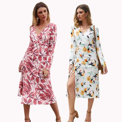 China Anti-wrinkle Women's Summer Drop Long Sleeve Dresses Floral Print Casual V-neck Wrap Side Split Midi Sheath Dress for sale