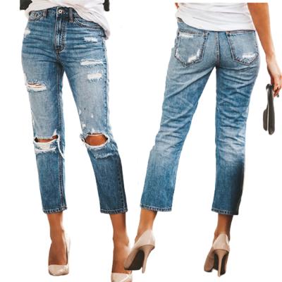 China QUICK DRY Women's Jeans Fashionable Ankle Length Heavy Distressed Blue Ripped Straight Relaxed Roll Up Boyfriend Jeans Cute Denim Panties for sale