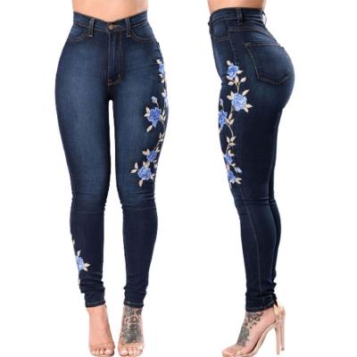 China Breathable Women's Blue High Waisted Washed Distressed Cotton Pink Stretch Embroidery Slim Fit Denim Skninny Jeans Pencil Pants for sale