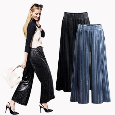 China Anti-wrinkle Women's Casual Elastic Waist Relaxed Straight Fit Plus Waist Pleated Palazzo Loose Knit Velvet Pleated Wide Leg Pants for sale