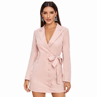 China Plus Size Women's Lapel Sleeve Blazer Mini Dress Long Collar OL Work Office Events Button Tie Elegant Casual Solid Knot Belt for sale