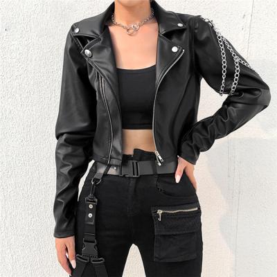 China QUICK DRY Women PU Faux Leather Casual Chain Lapel Slim Cropped Zipper Up Moto Biker Motorcycle Coat Jacket for sale