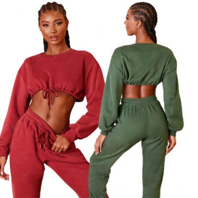 China Women's Top Panties Round Neck Long Sleeve Bodycon Breathable Drawstring Crop Long 2 Piece Gym Yoga Sweatsuit Sweat Tracker Running Set for sale