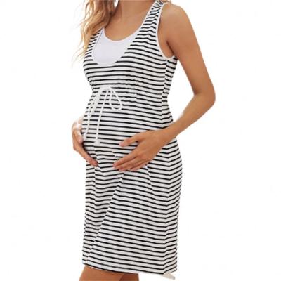 China Antibacterial Women Premama Clothing Factory Double Layer Cotton Two Tone Striped Maternity Nursing Breastfeeding Modal Dress for sale