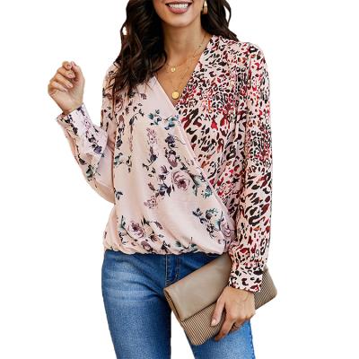 China Custom Women's Anti-Pilling Female Casual Floral Leopard Print Draped Long Sheath Deep V-Neck Chiffon Bow Cross Front Wrap Top Blouse for sale