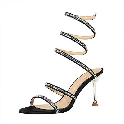 China Summer Fashion Round Rhinestone Heeled Sandals Woven Anklet Chain Straps Sexy High Heels Stilettos Shoes For Women for sale