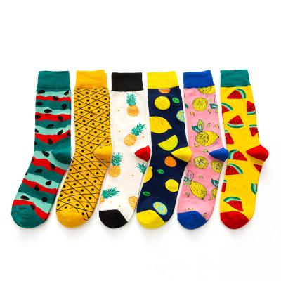 China Breathable Big Size Men Socks Wholesale Fruit Design Pineapple Lemon Crew Cotton Funky Fashion Socks for sale