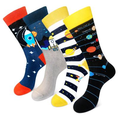 China Size Cotton Breathable European American Crew Socks Happy Cartoon Galaxy Space Design Funky Mens Socks Graphic for sale