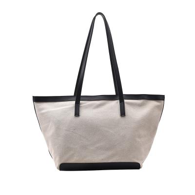 China Large Vintage White Women Ladies Tote Shopping Bag Leather Handle Cotton Canvas Tote Bag for sale