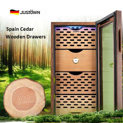 China Cedar Justown Fan Cooling Spanish Cedar Beams 500 Electronic Small Cigar Display Humidor Refrigerated Refrigerator Humidifier Humidor for sale