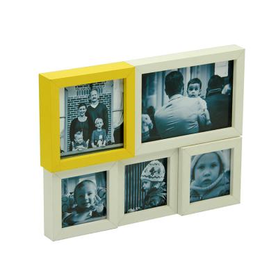 China Fashionable Special Floating Design Customized Yellow And White Color 5 Photo Wall Collage Frame For Home Decoration for sale