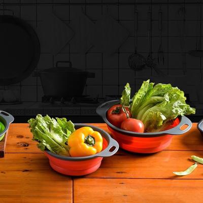 China Sustainable 2 Pcs Set Silicone Colander Strainer Fruit Vegetable Water Double Layer Collapsible Drain Basket for sale