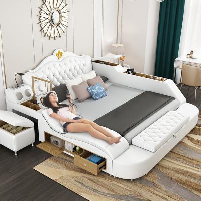 China Good Quality Modern Multifunctional White Leather Storage With Electric Storage Massage Bed King/Queen Size Bedroom Furniture for sale