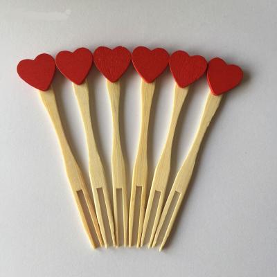 China Party Mini Disposable Bamboo Fruit Forks / Picks With Red Heart Decor 90mm Catering Functions Wedding Party for sale