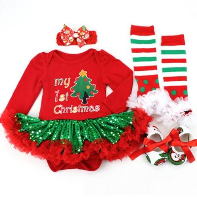 China Breathable My Girl First Christmas Baby Long Sleeve 4pcs Outfits Cotton Outfit Set 1st Christmas Romper Tutu Top Skirt for sale