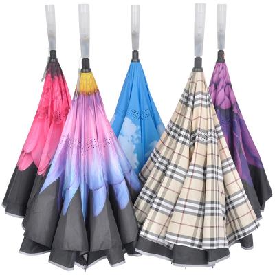 China Double Layer Reverse Inverted Umbrella Occasional SOS Reflective Cars Umbrella With LED Light Handle for sale