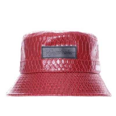 China Wholesale Character Red Waterproof Leather Patch Bucket Custom Leather Hat for sale