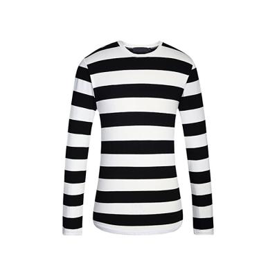 China Custom Muscle Anti Pilling Fitted T Shirts Print Heavy Long Sleeve Black White Striped for sale