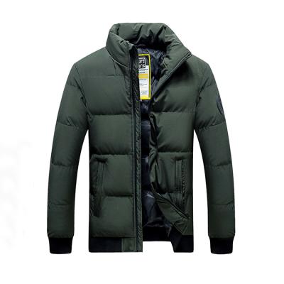 China Custom Viable Funnel Neck Fabric Long Sleeve Mens Green Jacket Zipper Up Patched Duck Down Jacket Stripper Jacket for sale