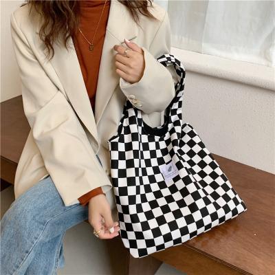 China Normcore/New Diamond Canvas Bag Handbag Autumn Simple Minimalist Spring Checkerboard Style Leopard Print Shopping Cotton School Bag for sale