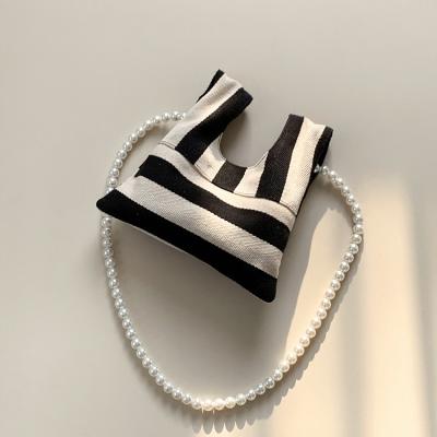 China 2021 South Korea's Cute One-Shoulder Mini Small Underarm Bag Diagonal Niche New Bead Chain Crossbody Canvas Bohemian Striped Handbag for sale