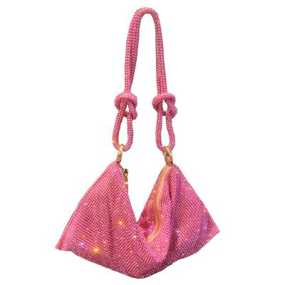 China Lady 2022 New Full Diamond Rhinestone Bag Women Small Pink Armpit Purse Fold Below Party Shoulder Knot Purse Hobo Designer for sale