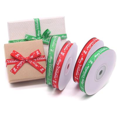 China New Red 1Cm Recyled Christmas Gift Merry Christmas Holiday Packaging Decorative Jacquard Web Ribbon for sale