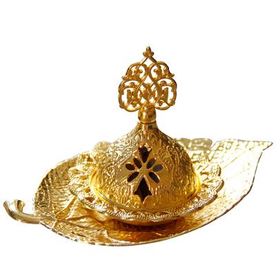 China Exquisite European leaf tray aromatherapy burner Golden Hollow Metal Incense holder Aroma Diffuser Desktop incense Burner for sale