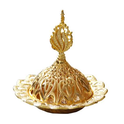 China Exquisite Middle Eastern Arabian Golden Hollow Metal Incense holder Aroma Diffuser Desktop incense Burner for sale