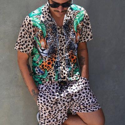 China QUICK DRY Mens Button Lapel Casual Shirts And Shorts Beachwear Suits Mens Summer Outfits Fashion Streetwear Vintage Leopard Two Piece Sets for sale